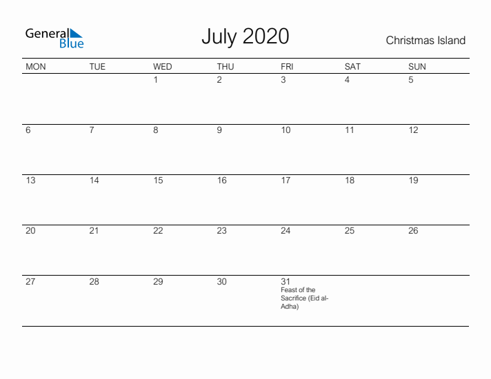 Printable July 2020 Calendar for Christmas Island