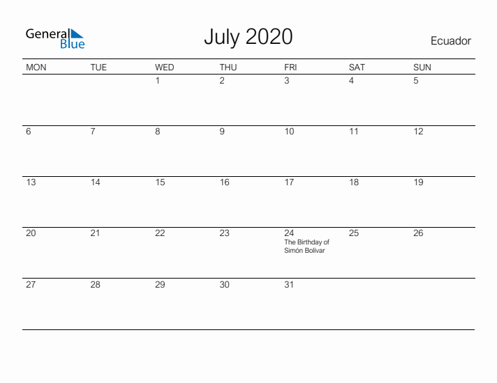 Printable July 2020 Calendar for Ecuador
