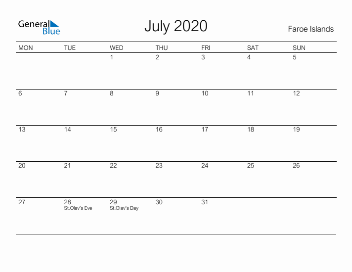 Printable July 2020 Calendar for Faroe Islands