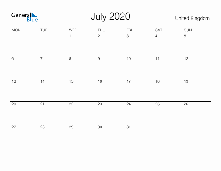 Printable July 2020 Calendar for United Kingdom