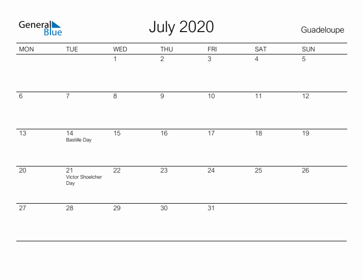 Printable July 2020 Calendar for Guadeloupe