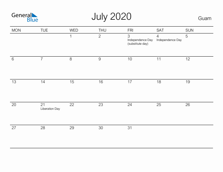 Printable July 2020 Calendar for Guam
