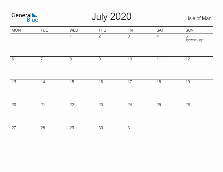 Printable July 2020 Calendar for Isle of Man