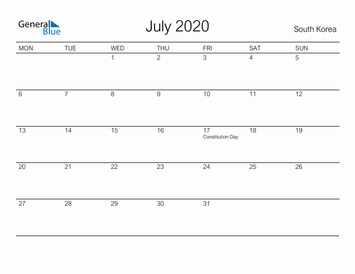 Printable July 2020 Calendar for South Korea