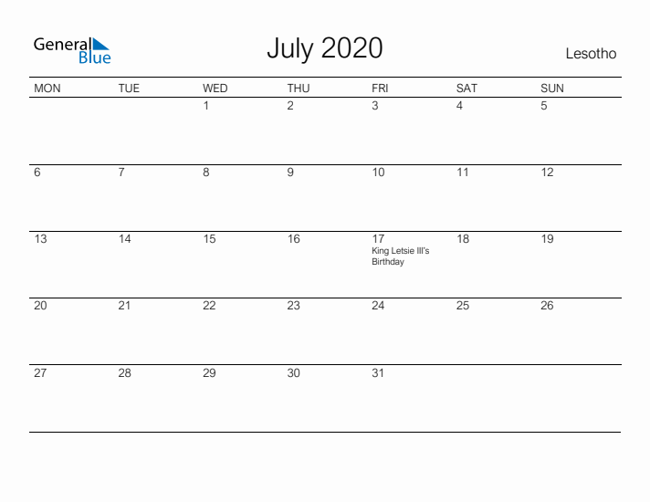 Printable July 2020 Calendar for Lesotho