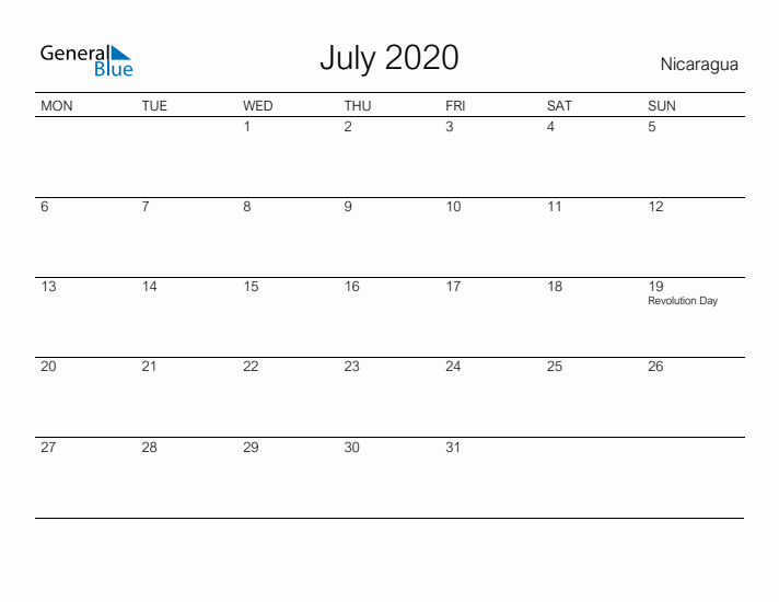 Printable July 2020 Calendar for Nicaragua