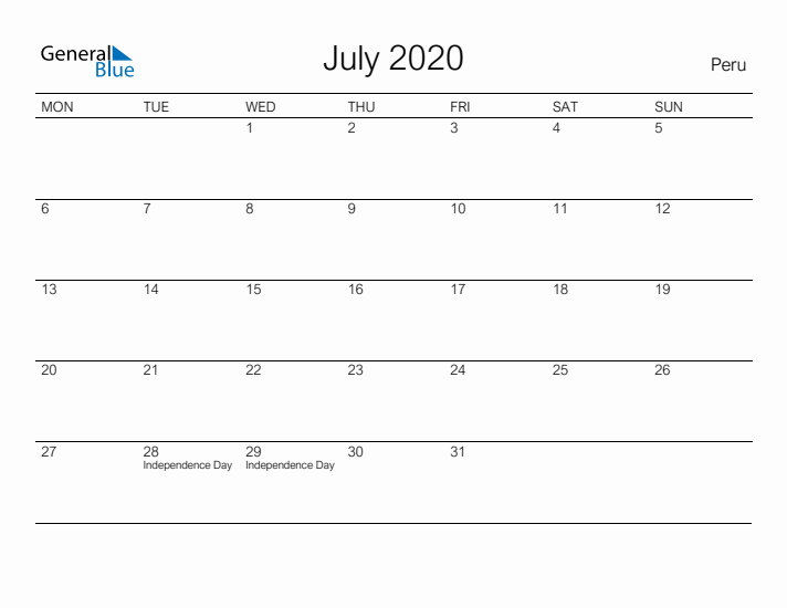 Printable July 2020 Calendar for Peru