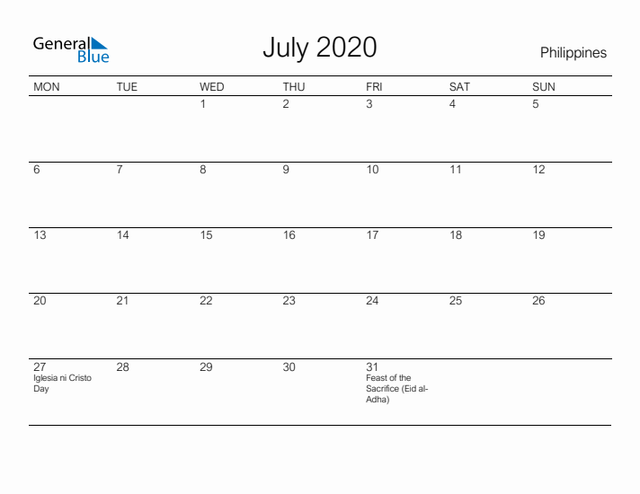 Printable July 2020 Calendar for Philippines