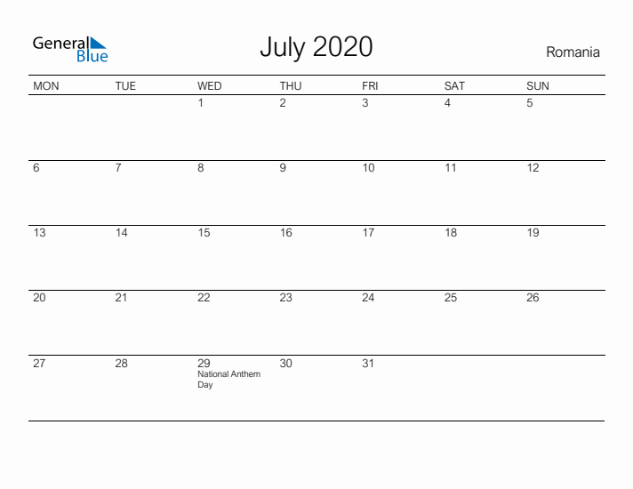 Printable July 2020 Calendar for Romania