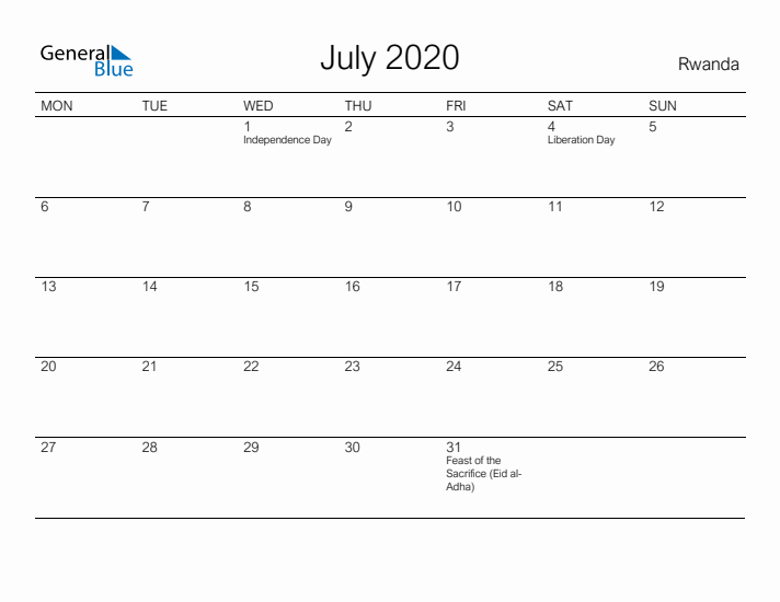 Printable July 2020 Calendar for Rwanda
