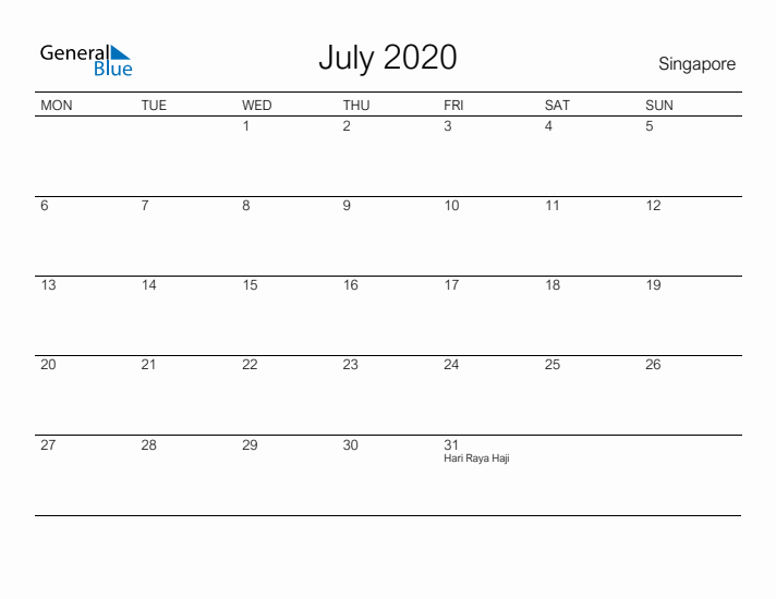 Printable July 2020 Calendar for Singapore