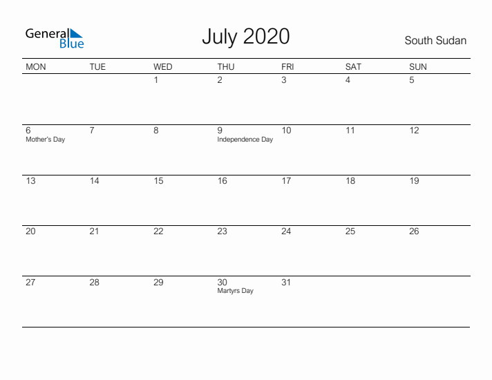Printable July 2020 Calendar for South Sudan