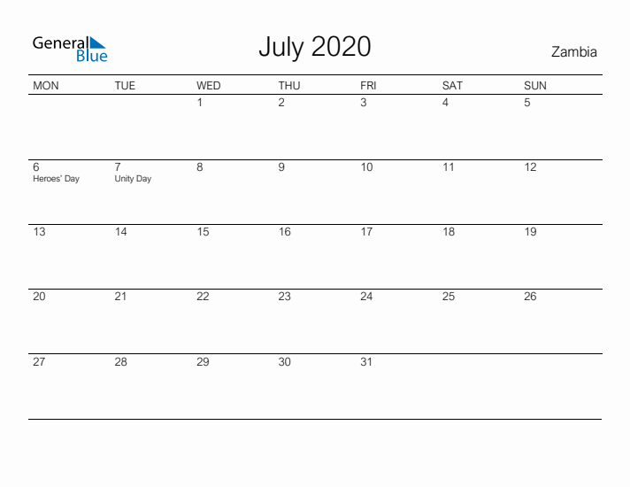 Printable July 2020 Calendar for Zambia