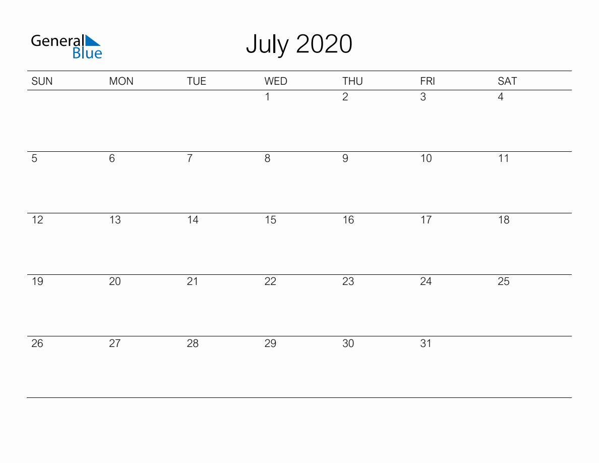 Printable July 2020 Monthly Calendar - Sunday Start