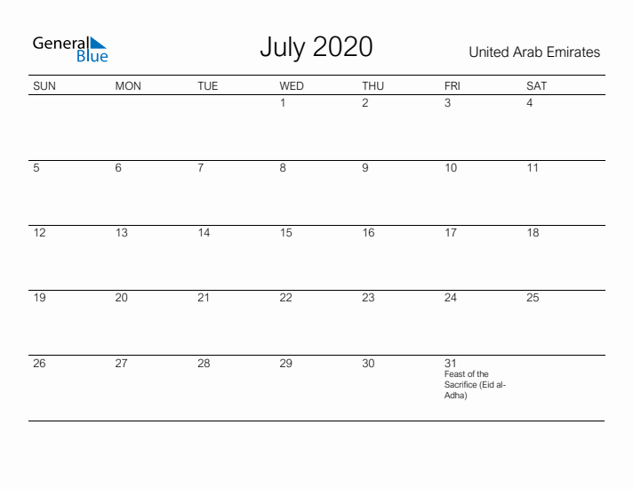 Printable July 2020 Calendar for United Arab Emirates
