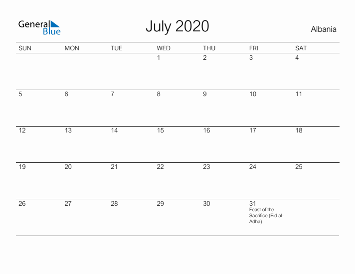 Printable July 2020 Calendar for Albania