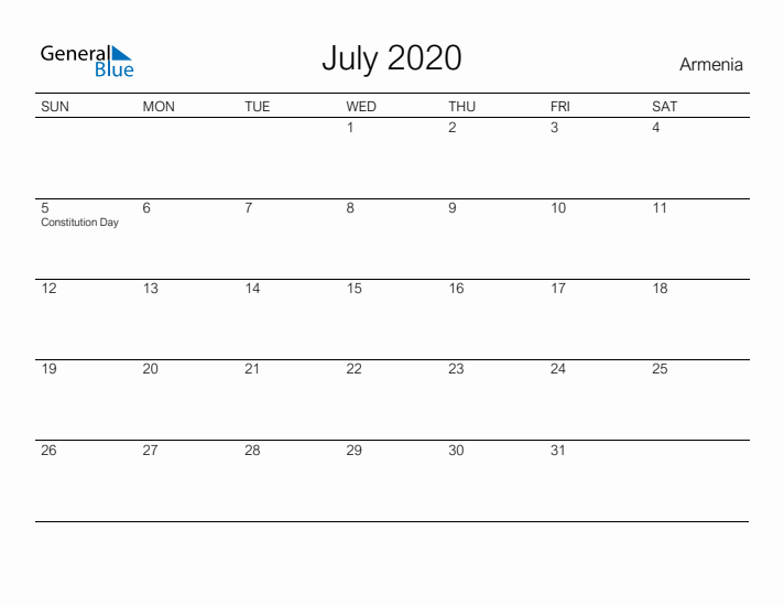 Printable July 2020 Calendar for Armenia