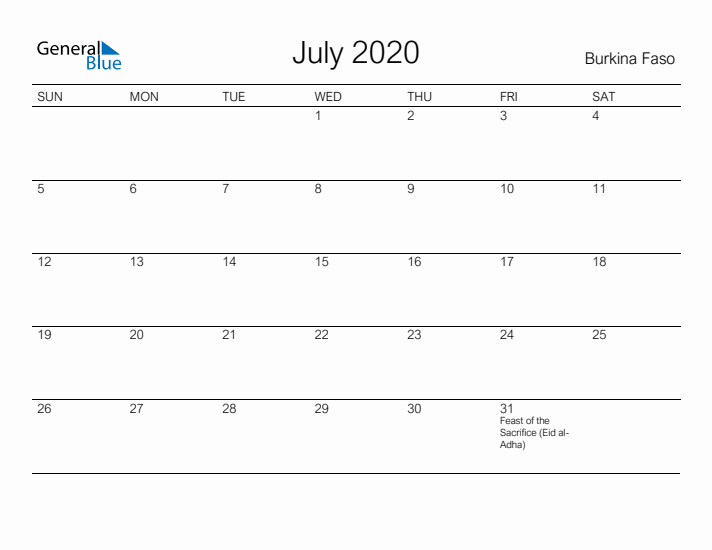Printable July 2020 Calendar for Burkina Faso