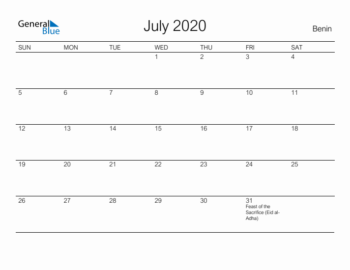 Printable July 2020 Calendar for Benin
