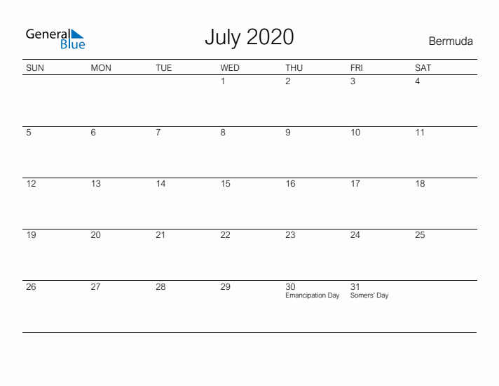 Printable July 2020 Calendar for Bermuda