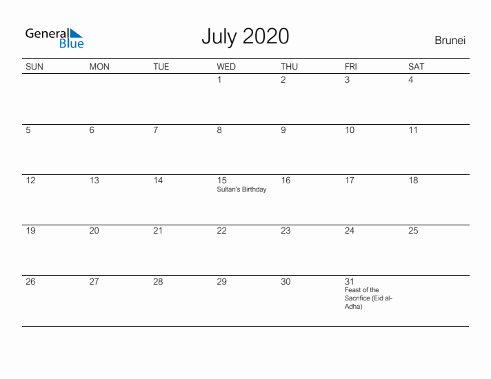 Printable July 2020 Calendar for Brunei