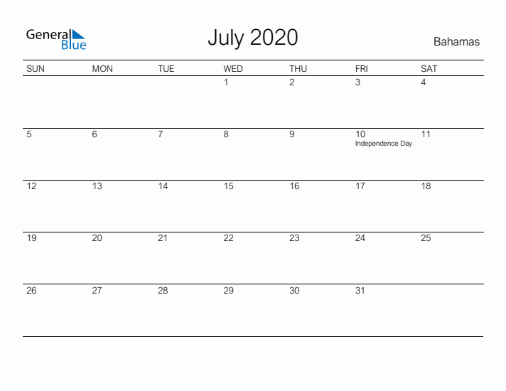 Printable July 2020 Calendar for Bahamas