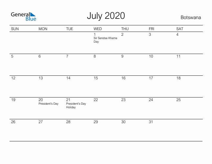Printable July 2020 Calendar for Botswana