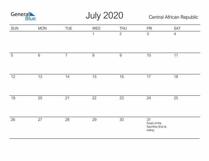 Printable July 2020 Calendar for Central African Republic