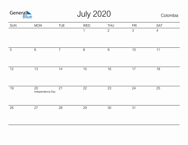 Printable July 2020 Calendar for Colombia