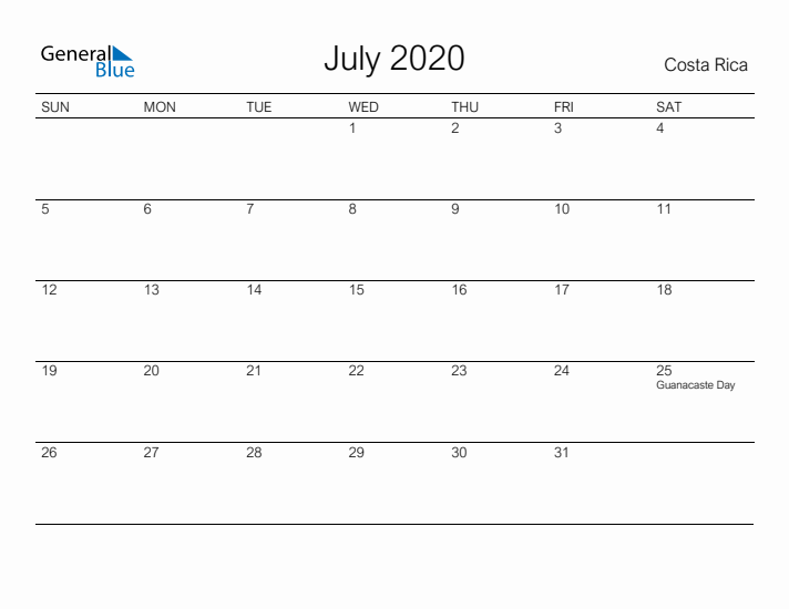 Printable July 2020 Calendar for Costa Rica