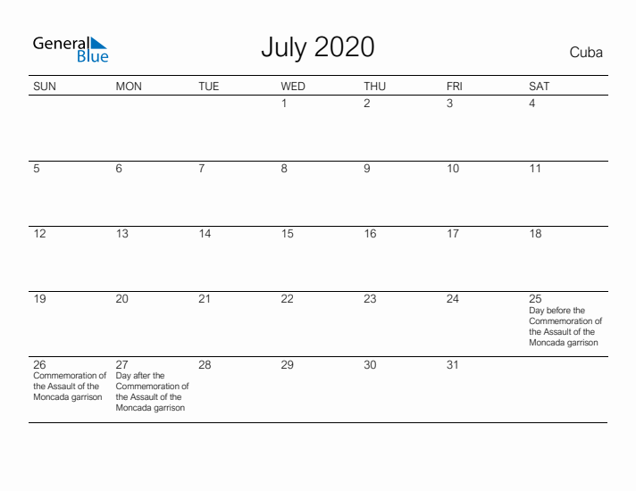 Printable July 2020 Calendar for Cuba