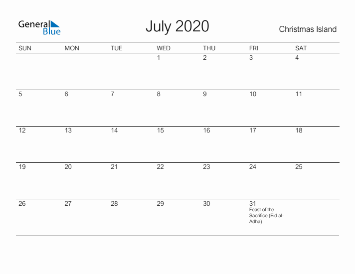 Printable July 2020 Calendar for Christmas Island