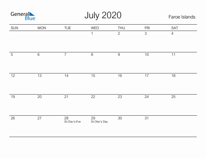 Printable July 2020 Calendar for Faroe Islands
