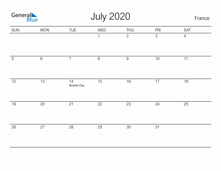 Printable July 2020 Calendar for France