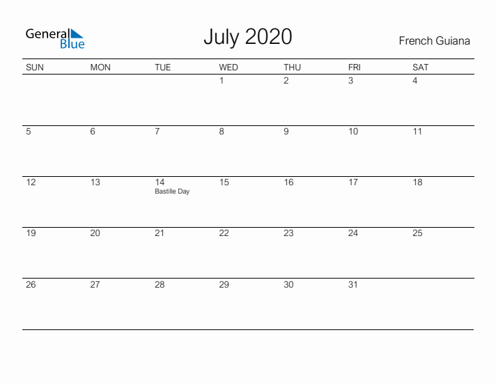Printable July 2020 Calendar for French Guiana