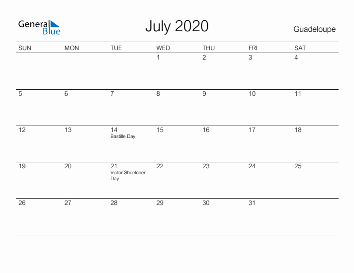 Printable July 2020 Calendar for Guadeloupe