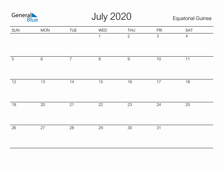 Printable July 2020 Calendar for Equatorial Guinea