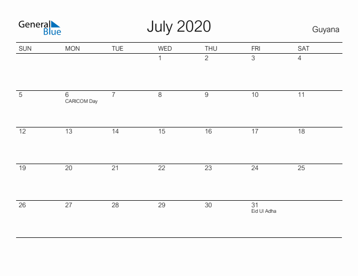 Printable July 2020 Calendar for Guyana