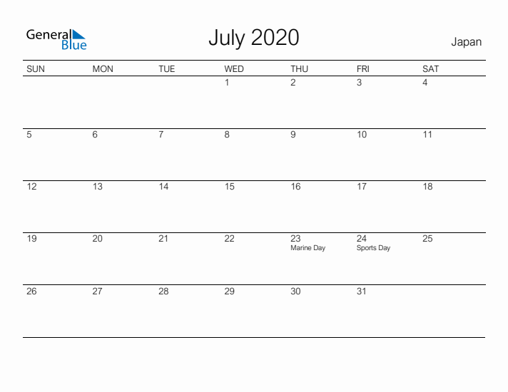 Printable July 2020 Calendar for Japan
