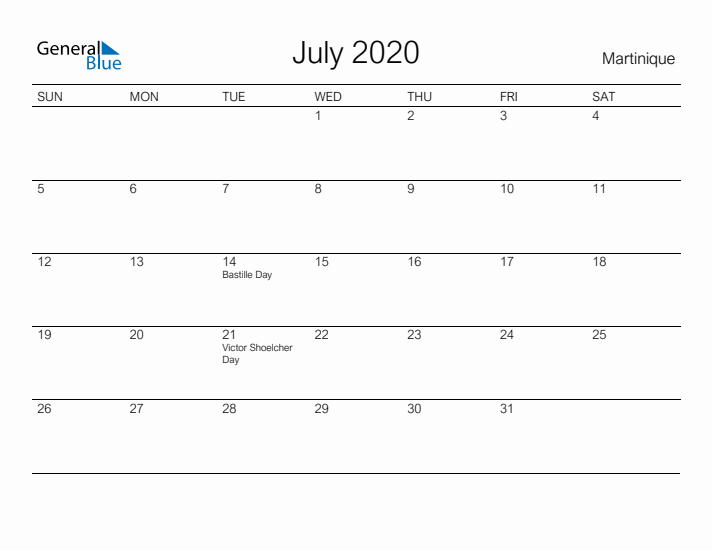 Printable July 2020 Calendar for Martinique