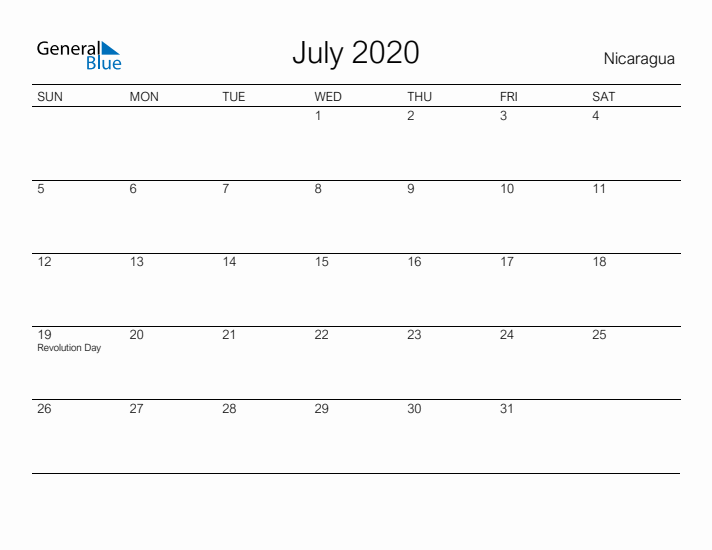 Printable July 2020 Calendar for Nicaragua