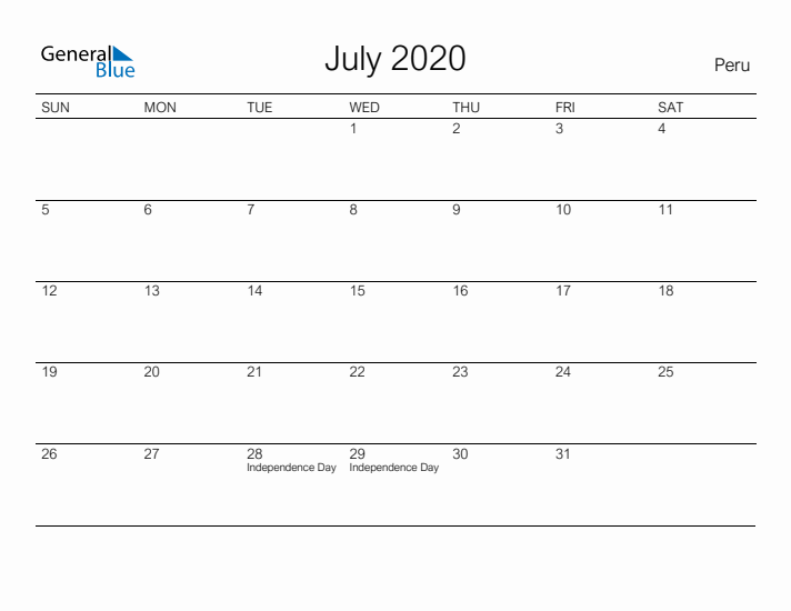 Printable July 2020 Calendar for Peru