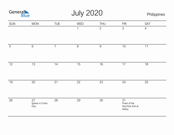 Printable July 2020 Calendar for Philippines