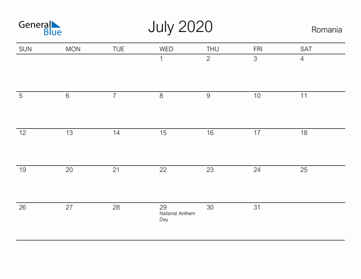 Printable July 2020 Calendar for Romania