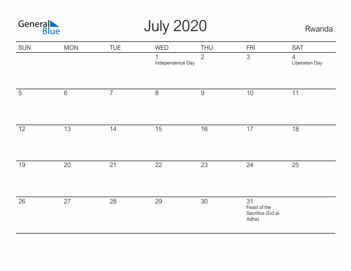 Printable July 2020 Calendar for Rwanda