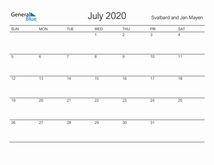 Printable July 2020 Calendar for Svalbard and Jan Mayen