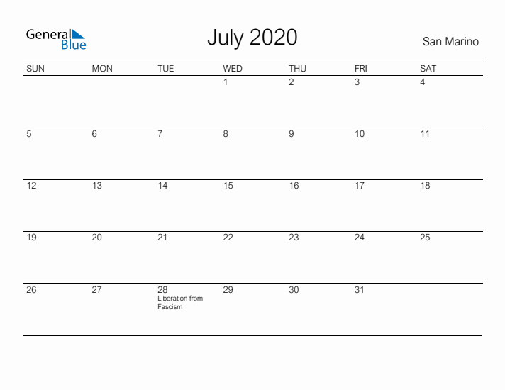 Printable July 2020 Calendar for San Marino