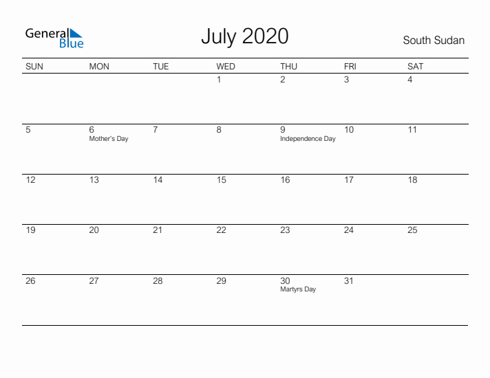 Printable July 2020 Calendar for South Sudan