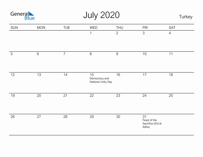 Printable July 2020 Calendar for Turkey