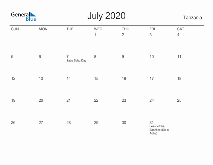 Printable July 2020 Calendar for Tanzania
